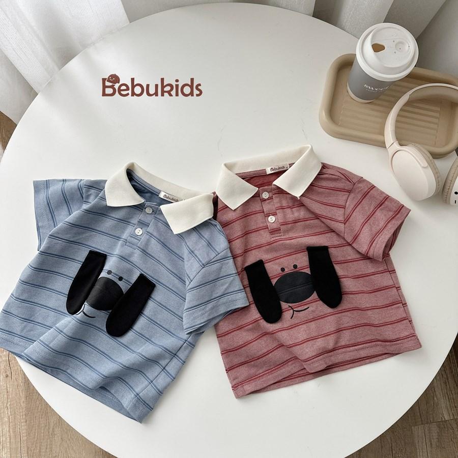 SB2399- bộ polo bé trai kẻ ngang in cún đính tai cún