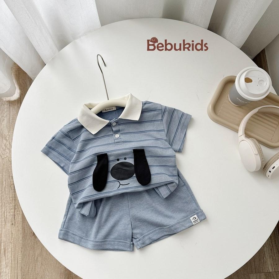 SB2399- bộ polo bé trai kẻ ngang in cún đính tai cún kẻ xanh