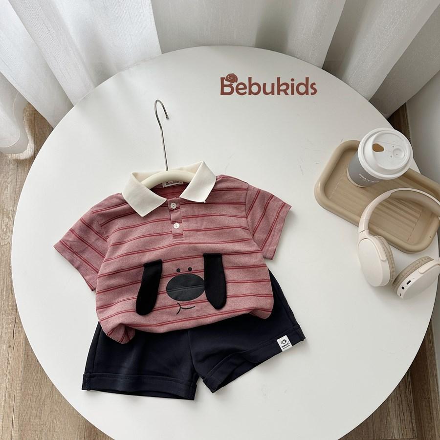 SB2399- bộ polo bé trai kẻ ngang in cún đính tai cún kẻ đỏ