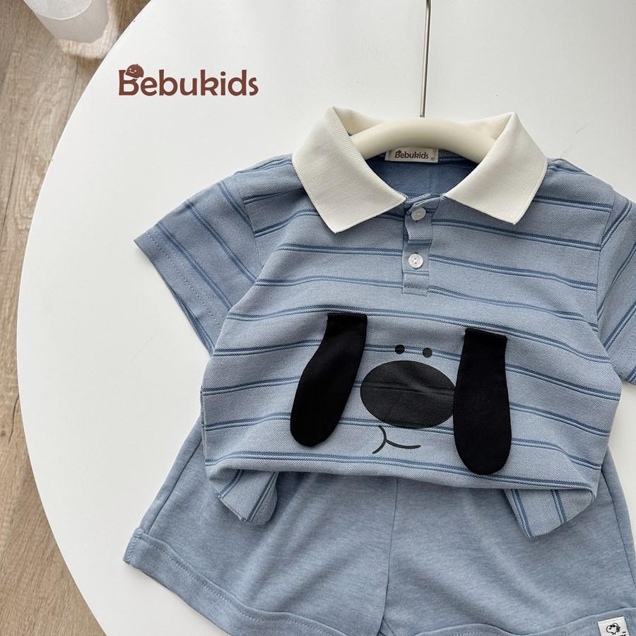 SB2399- bộ polo bé trai kẻ ngang in cún đính tai cún