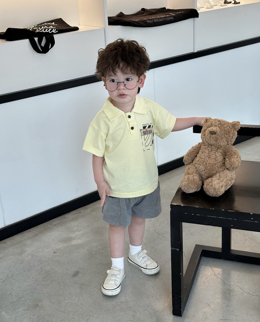 Bộ polo bé trai in  túi chữ, logo cute bear