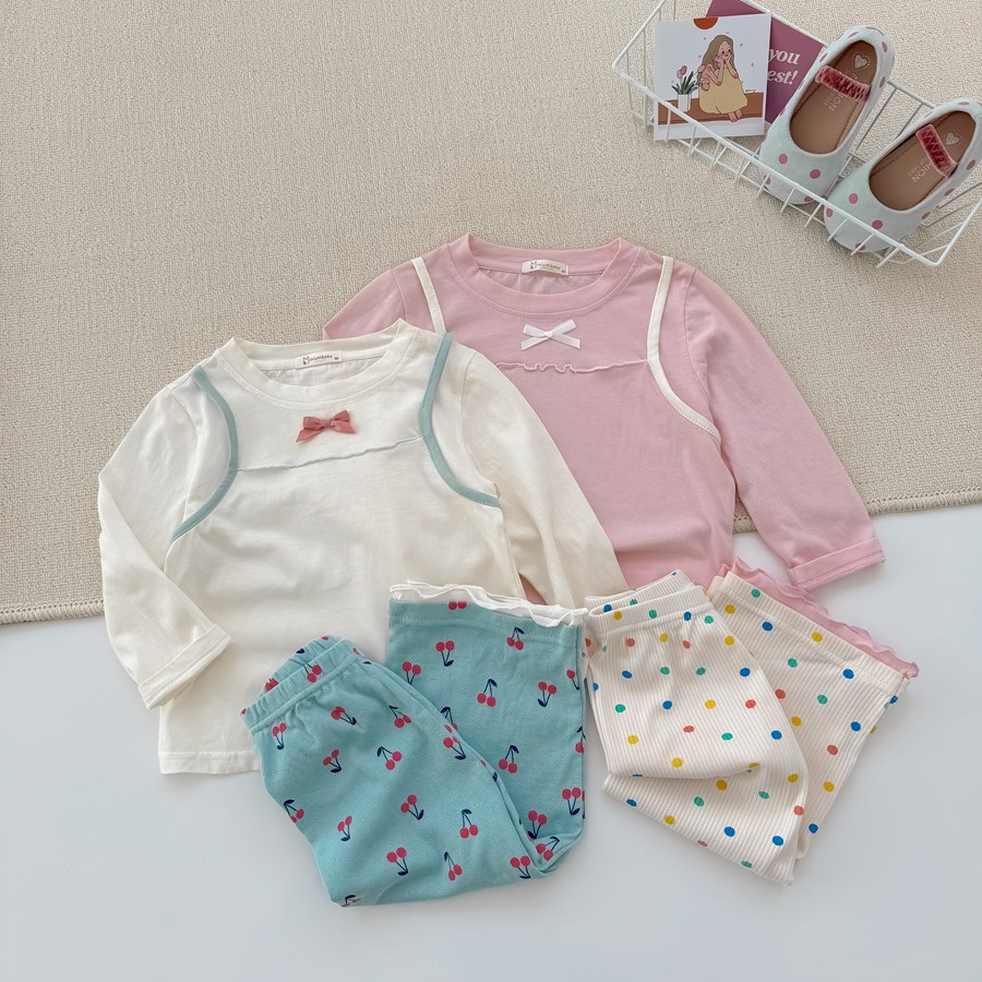 SB2563- bộ dài tay nẹp nách đính nơ, quần bi màu, chery