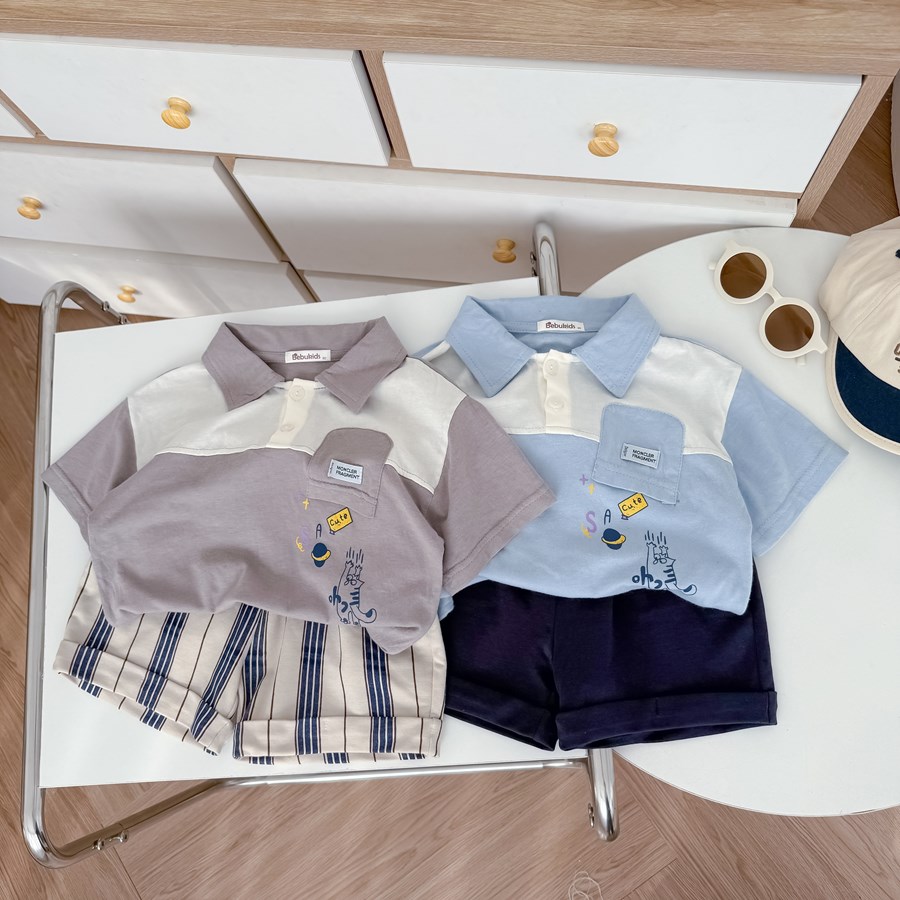 SB2577- bộ cộc polo bé trai túi ngược  in mèo kute