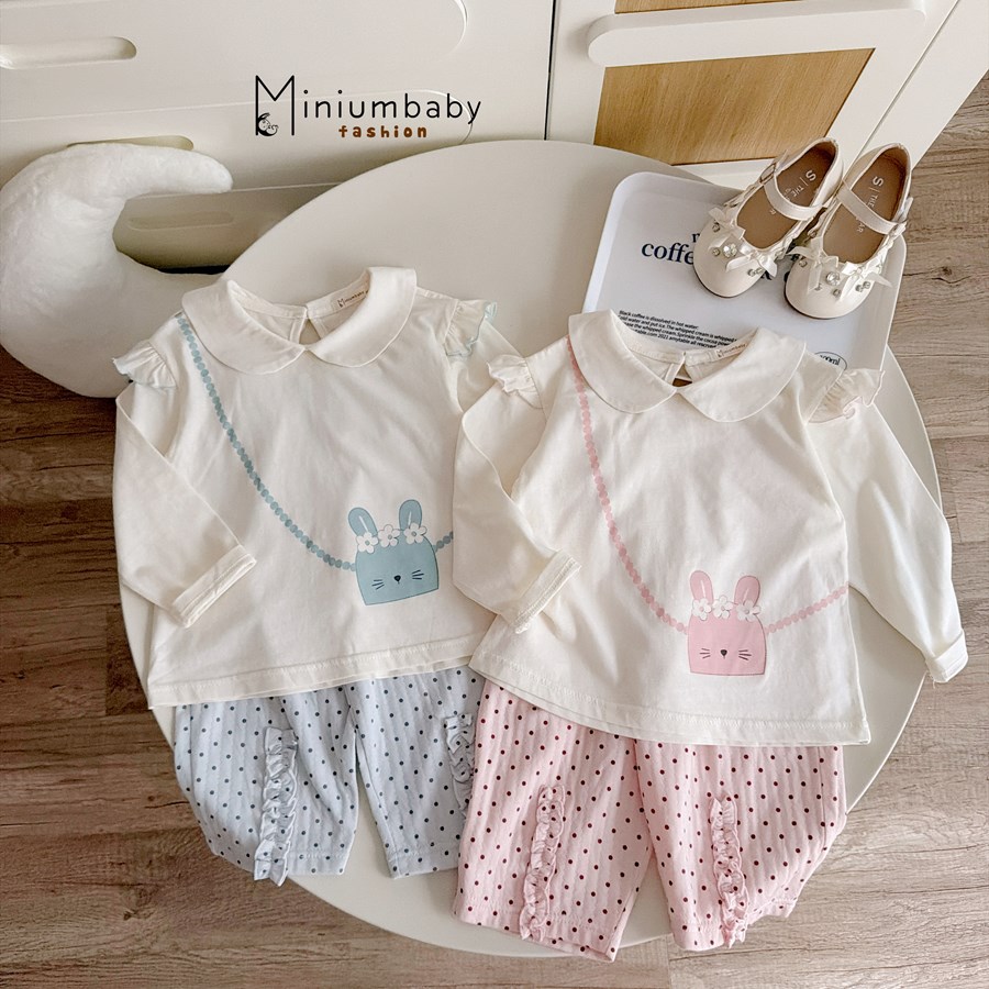 Bbộ dài tay cổ sen bé gái in túi thỏ