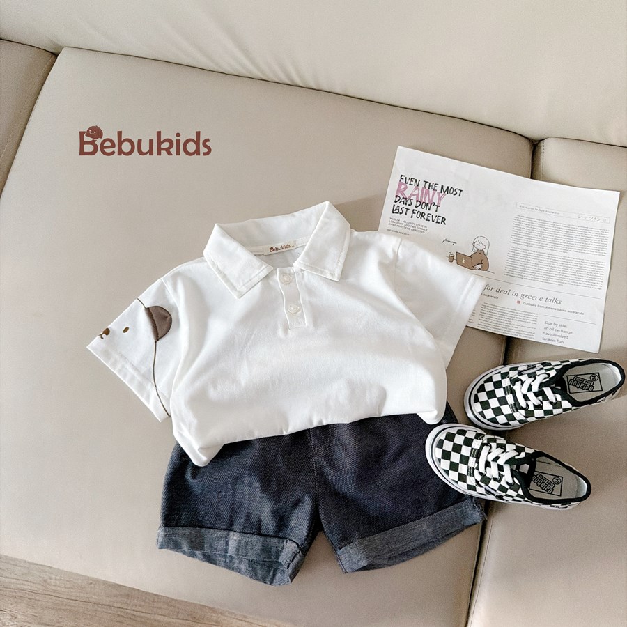 SB2400- bộ polo đính tai gấu tay áo trắng