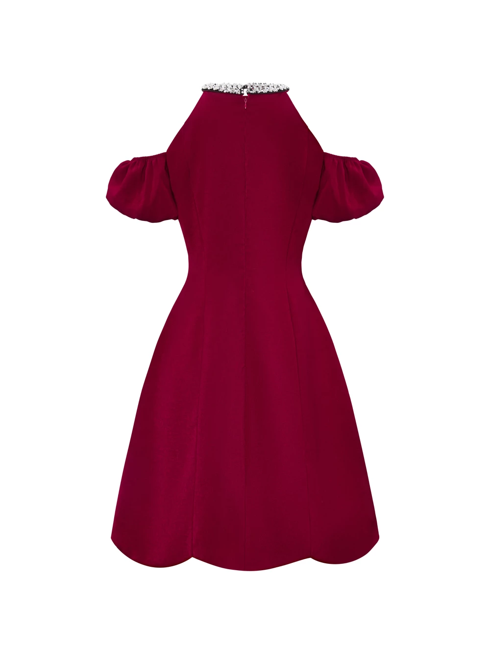 Mặt sau đầm V-DA196 dựng form: khóa kéo giữa lưng, tay bồng, váy dáng A