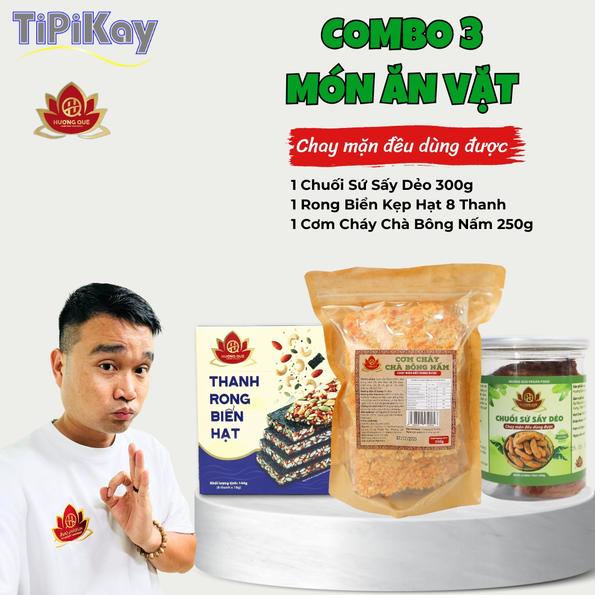 Product image - [Combo 3 món Ăn Vặt Ngon Miệng] 1 Cơm Cháy Chay Siêu Nấm Ròn Rụm 250G + 1 Thanh Rong Biển Hạt Hộp 144g + 1 Chuối Sứ Sấy Dẻo 300g