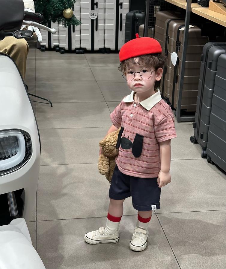 SB2399- bộ polo bé trai kẻ ngang in cún đính tai cún