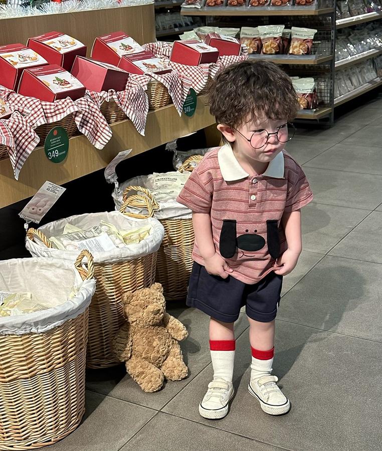 SB2399- bộ polo bé trai kẻ ngang in cún đính tai cún