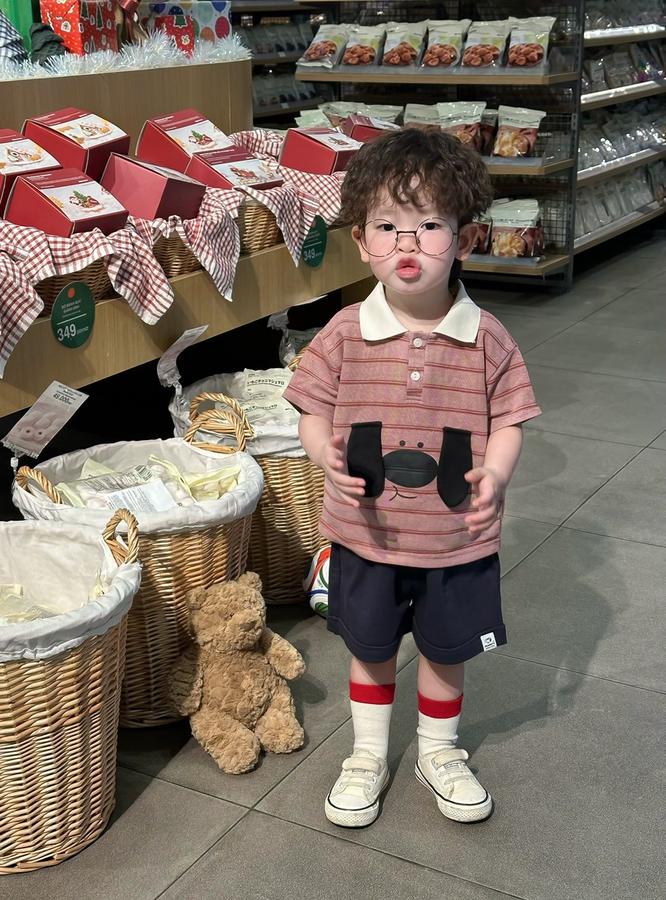 SB2399- bộ polo bé trai kẻ ngang in cún đính tai cún