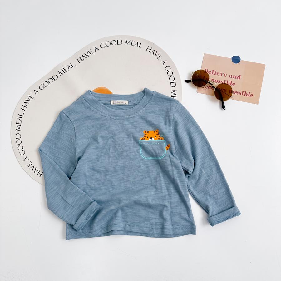 A1663- áo cổ tròn in túi, đầu thú via thường xanh ghi