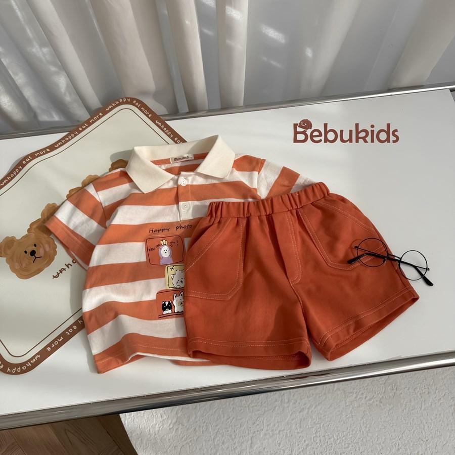 SB2382- bộ polo kẻ gang to in ô vuông cún kẻ cam