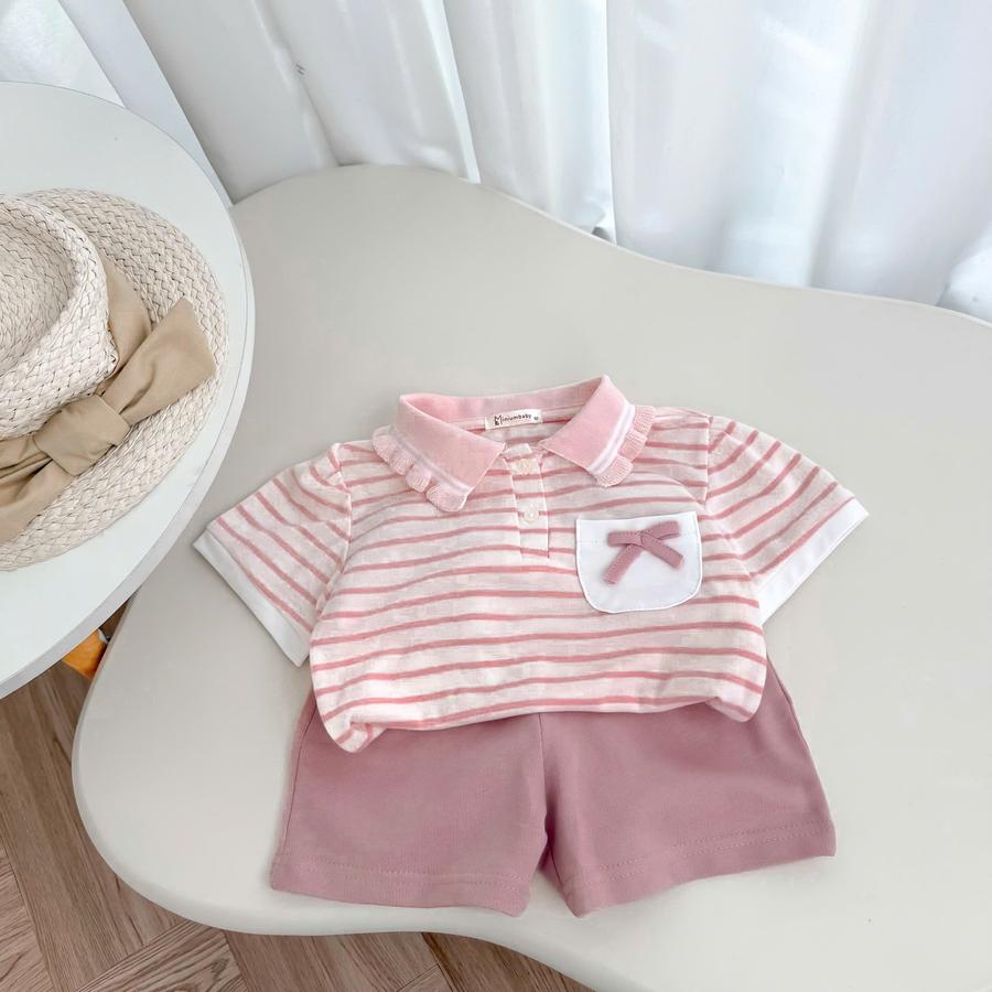 SB2304-bộ cộc cổ bèo túi ngực đính nơ áo kẻ 2