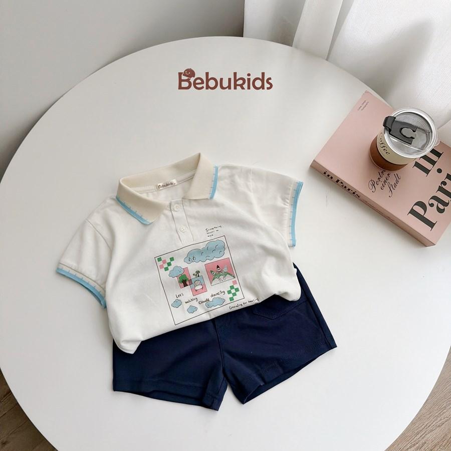 SB2401- bộ polo phối cổ, gấu tay in ô vuông n mây, ghế, cây,... áo trắng