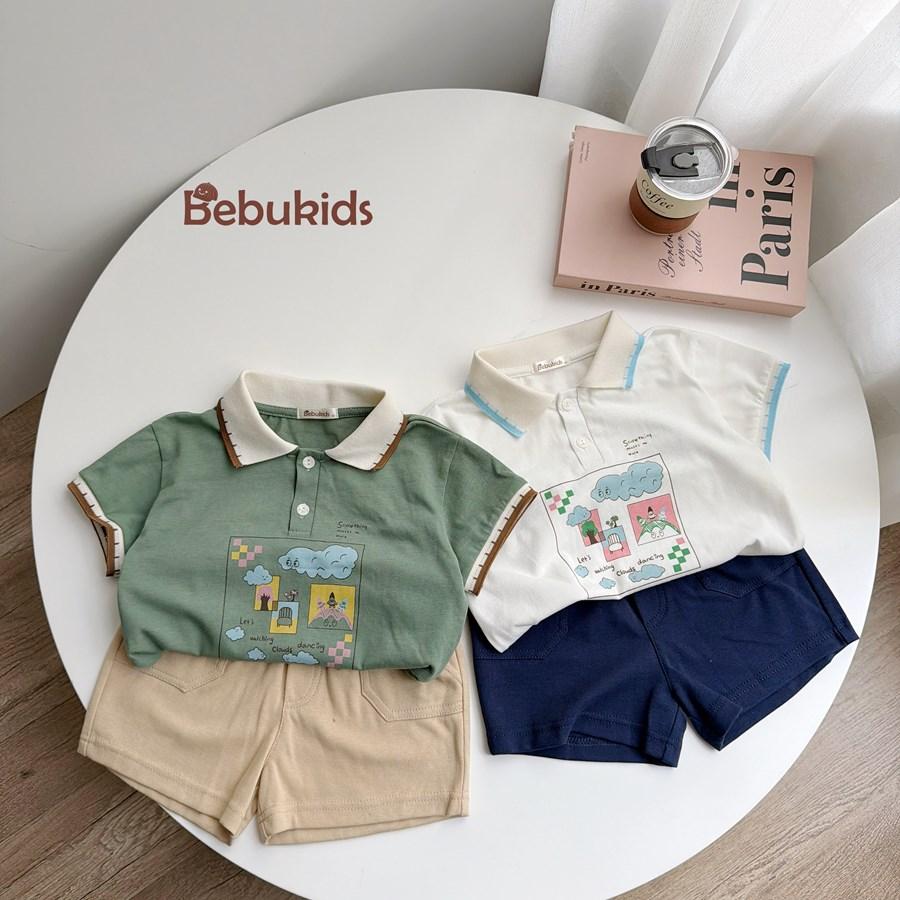 SB2401- bộ polo phối cổ, gấu tay in ô vuông n mây, ghế, cây,...