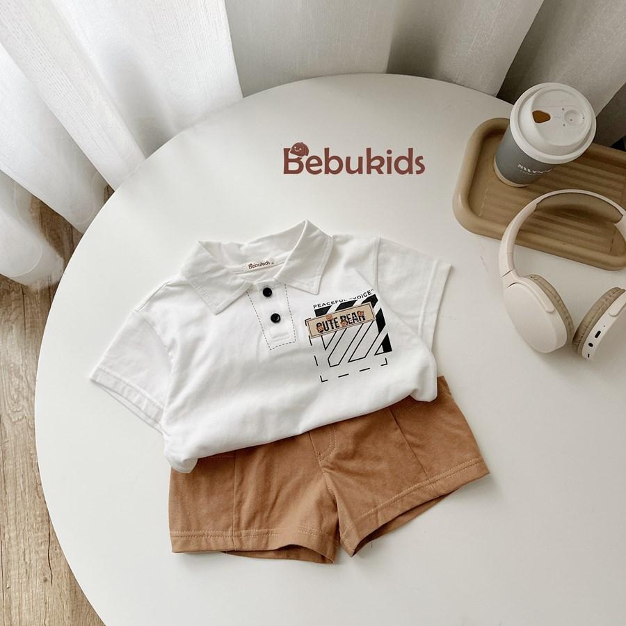 SB2271- bộ polo bé trai in  túi chữ, logo cute bear áo trắng
