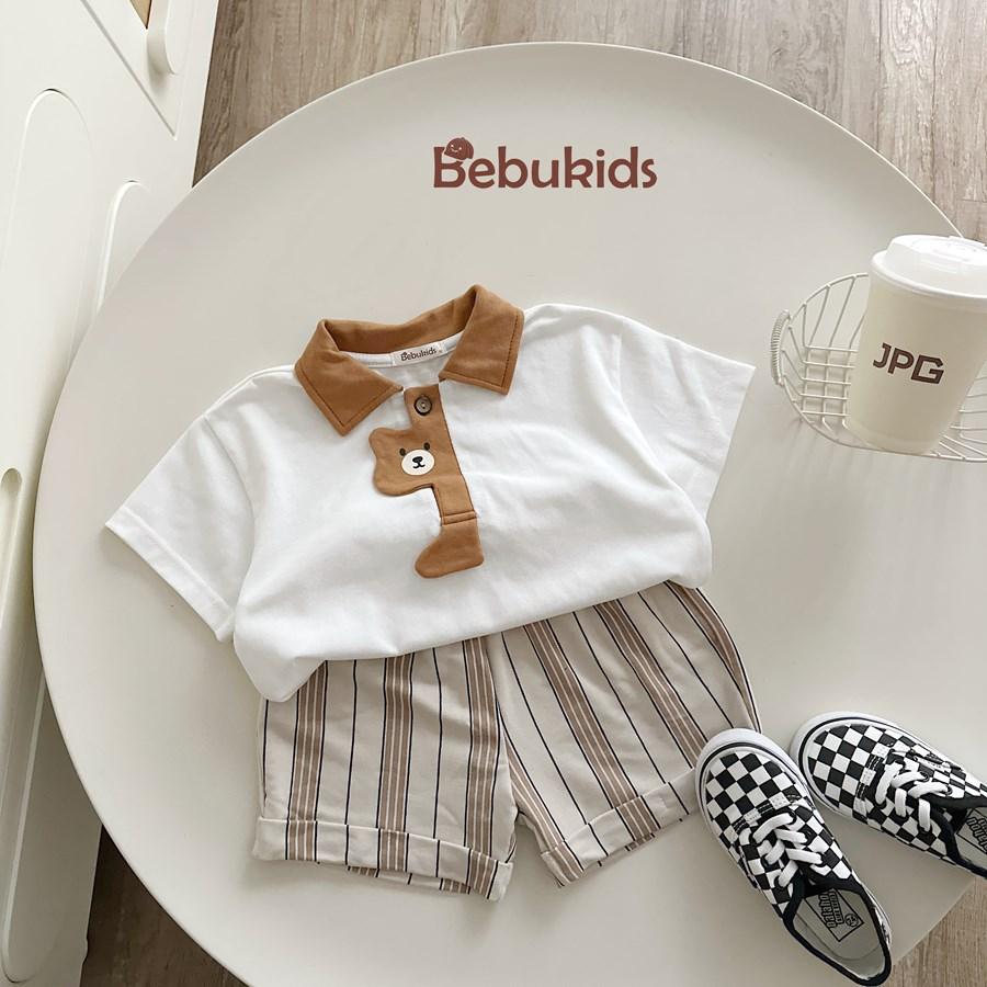 SB2381- bộ polo nệp gấu phối cổ nẹp áo trắng q kẻ