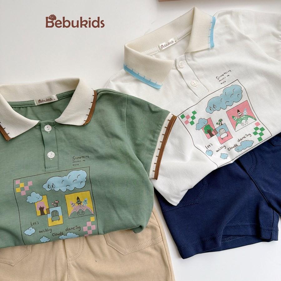 SB2401- bộ polo phối cổ, gấu tay in ô vuông n mây, ghế, cây,...