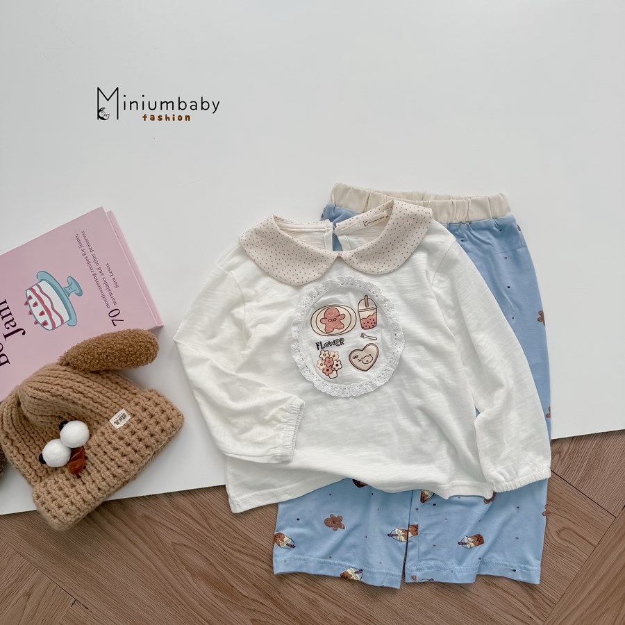 SB2412- bộ cổ sen dài tay bé gái bo tay, ren tròn quanh hình in gấu, hoa, tim, trà sữa quần trà sữa xanh