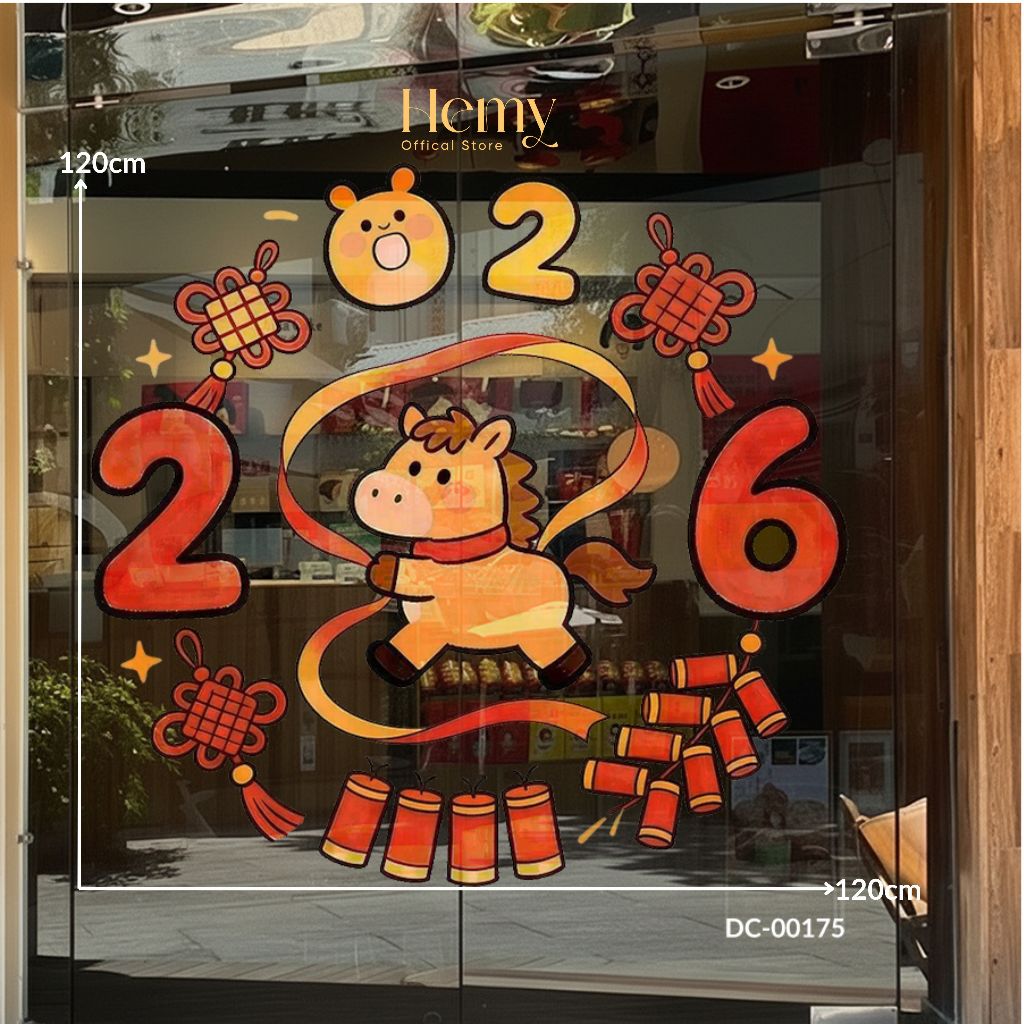 Decal Trang Trí Nhà Ngày Tết 2026 Bính Ngọ, Dán Cửa Kính, Gương, Quán Cafe, PVC Cao Cấp - HeMy Decor