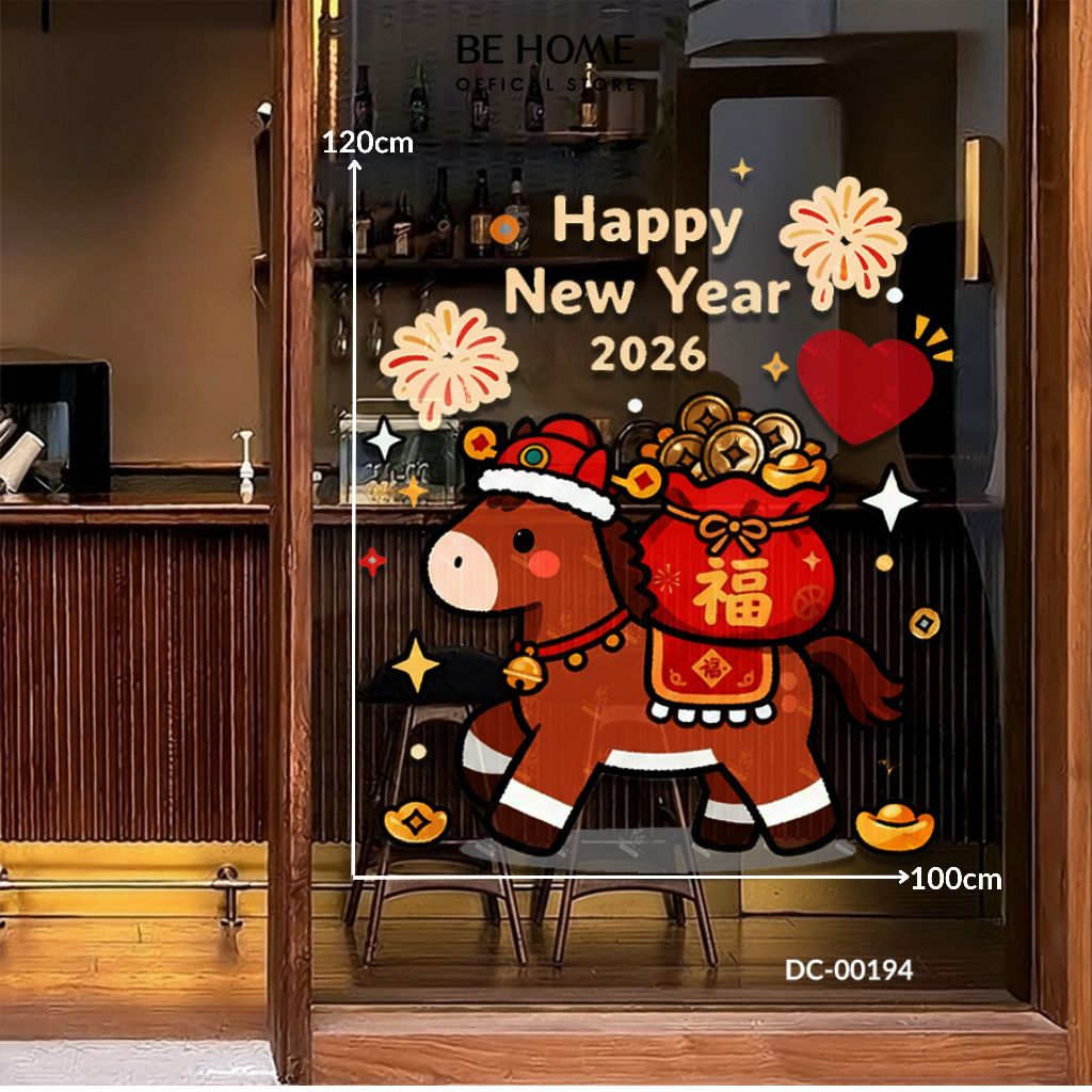 Decal Tết 2026 Bính Ngọ Họa Tiết Chú Ngựa Cute Trang Trí Cửa Kính, Phòng Khách, Gương, Vật Liệu PVC - BeHome Decor
