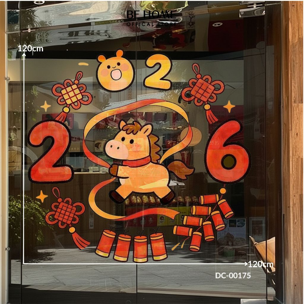 Decal Trang Trí Tết 2026 Họa Tiết Ngựa Dễ Thương, Trang Trí Phòng Khách, Decor Cửa Kính, Gương - Behome Decor