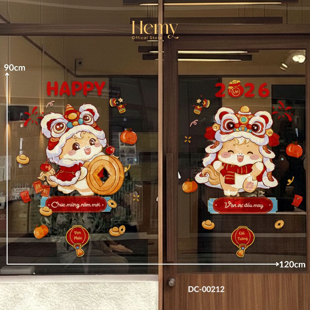 Decal Dán Tường Chúc Tết 2026 Họa Tiết Đáng Yêu , Decor Gương, Cửa Kính, Quán Cafe, PVC Chống Nước - HeMy Decor
