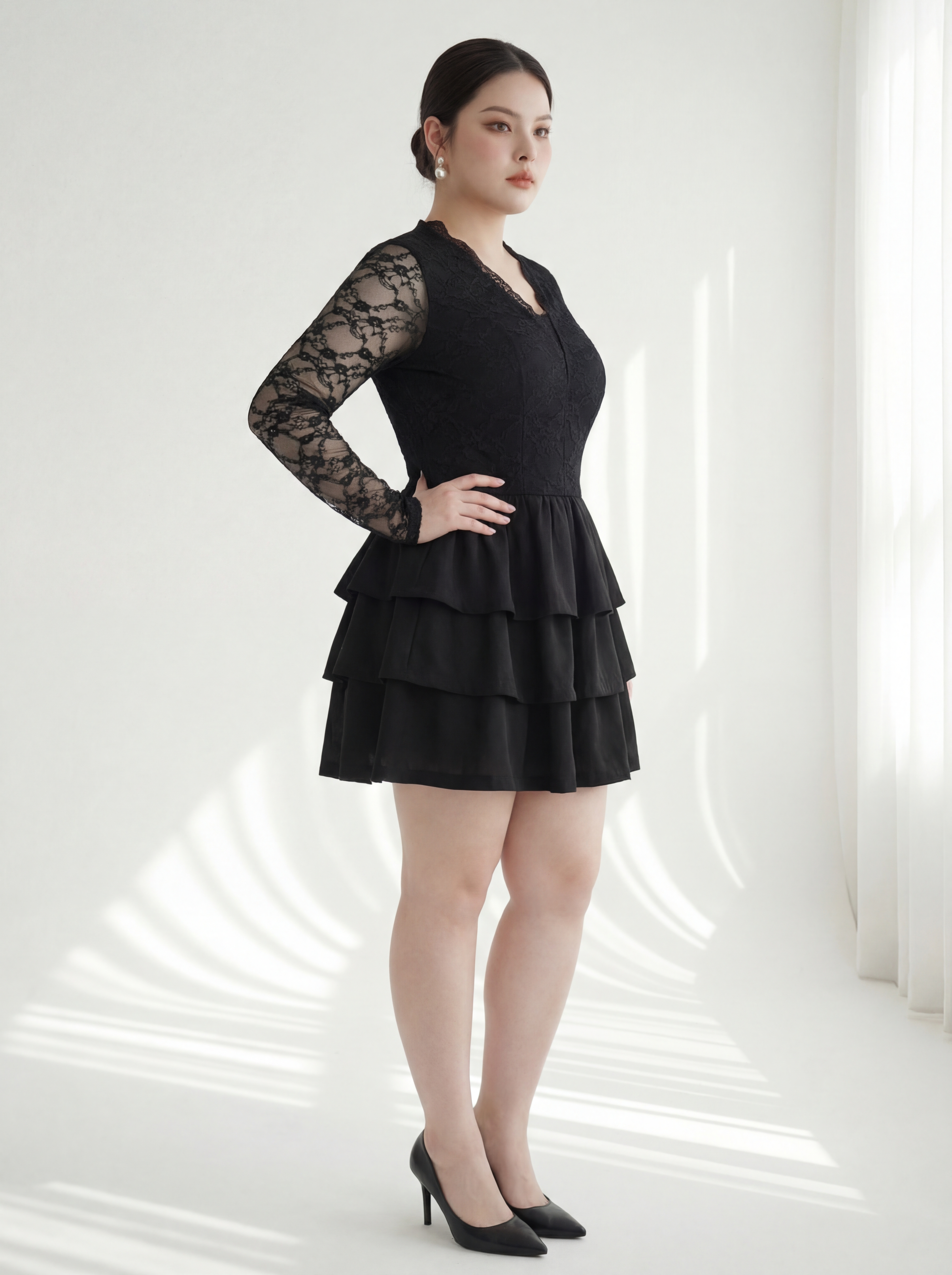 Đầm Ren Hoa Tay Dài Bigsize Dáng A Phối Ba Tầng Lót Thun - Đen - Vừa 55–95kg - V-DA212_thumbnail_10