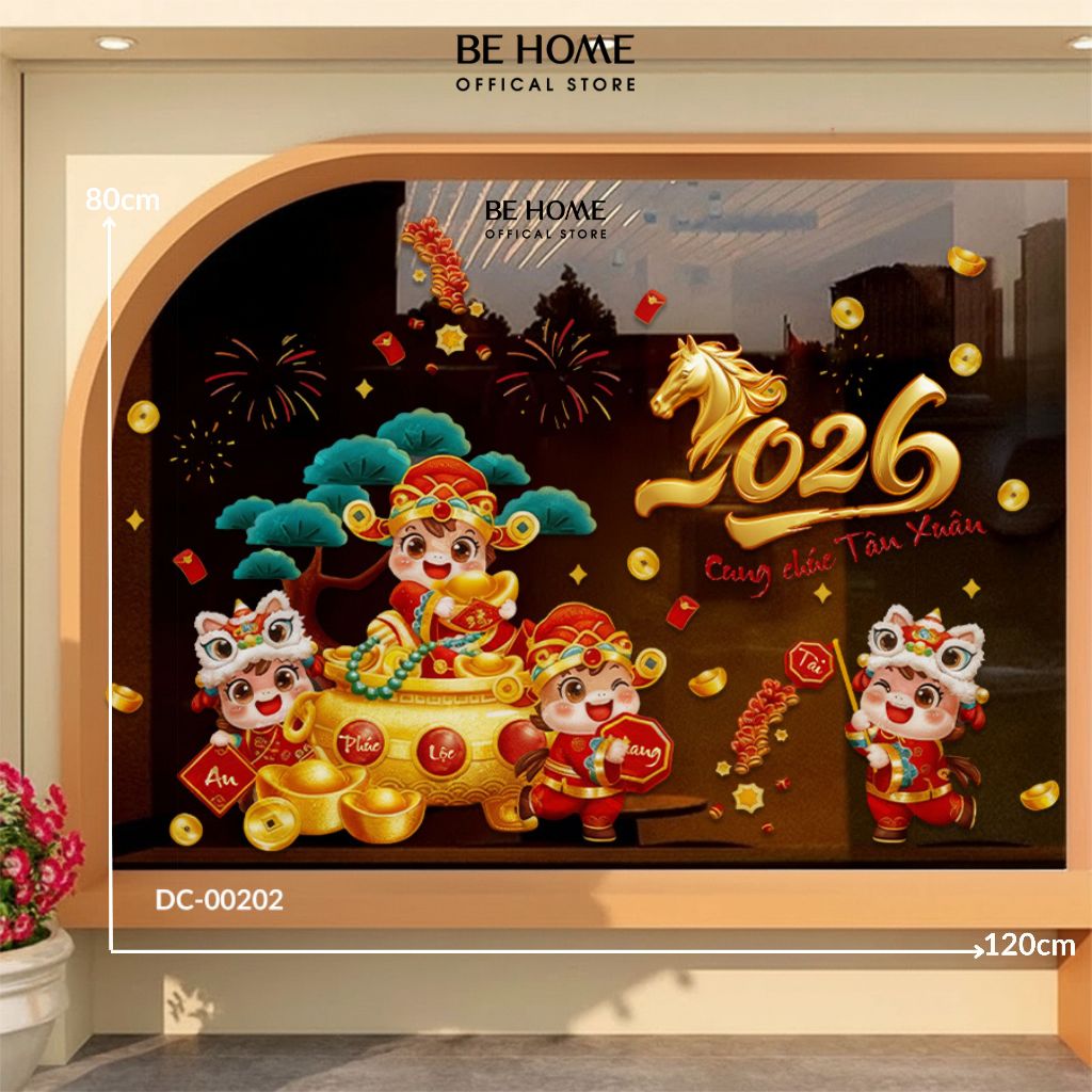 Decal Dán Tường Tết Đón Tài Lộc, Họa Tiết Đáng Yêu , Decor Gương, Cửa Kính, Quán Cafe, PVC Chống Nước - BeHome Decor