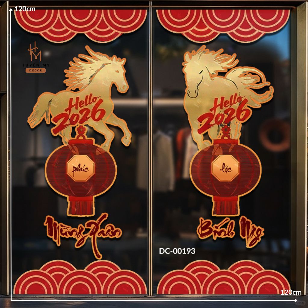 Decal Tết 2026 Bính Ngọ Trang Trí Nhà Dán Tường Cửa Kính PVC Chống Nước, Decor Quán Cafe, Phòng Khách - Huyền My Decor