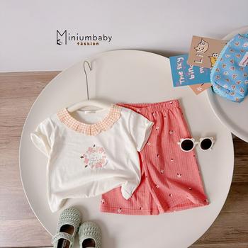 Bộ cộc quần dài bé gái có cổ in hình