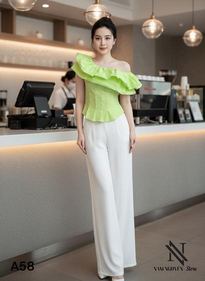 Product image - Áo Lệch Vai Phồng Xanh Min