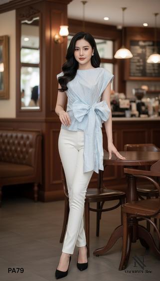 Product image - Áo Sọc Cổ Thuyền Thắt Nơ Eo Bảng To