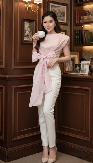 Product image - Áo Sọc Cổ Thuyền Thắt Nơ Eo Bảng To