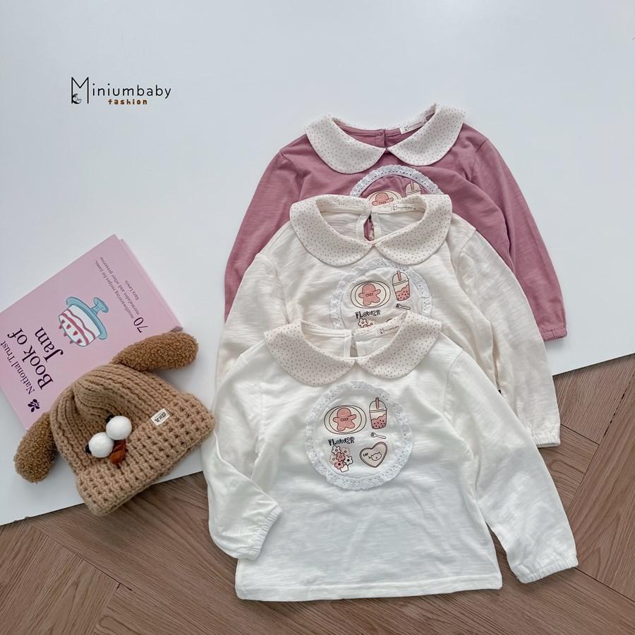 SB2412- bộ cổ sen dài tay bé gái bo tay, ren tròn quanh hình in gấu, hoa, tim, trà sữa