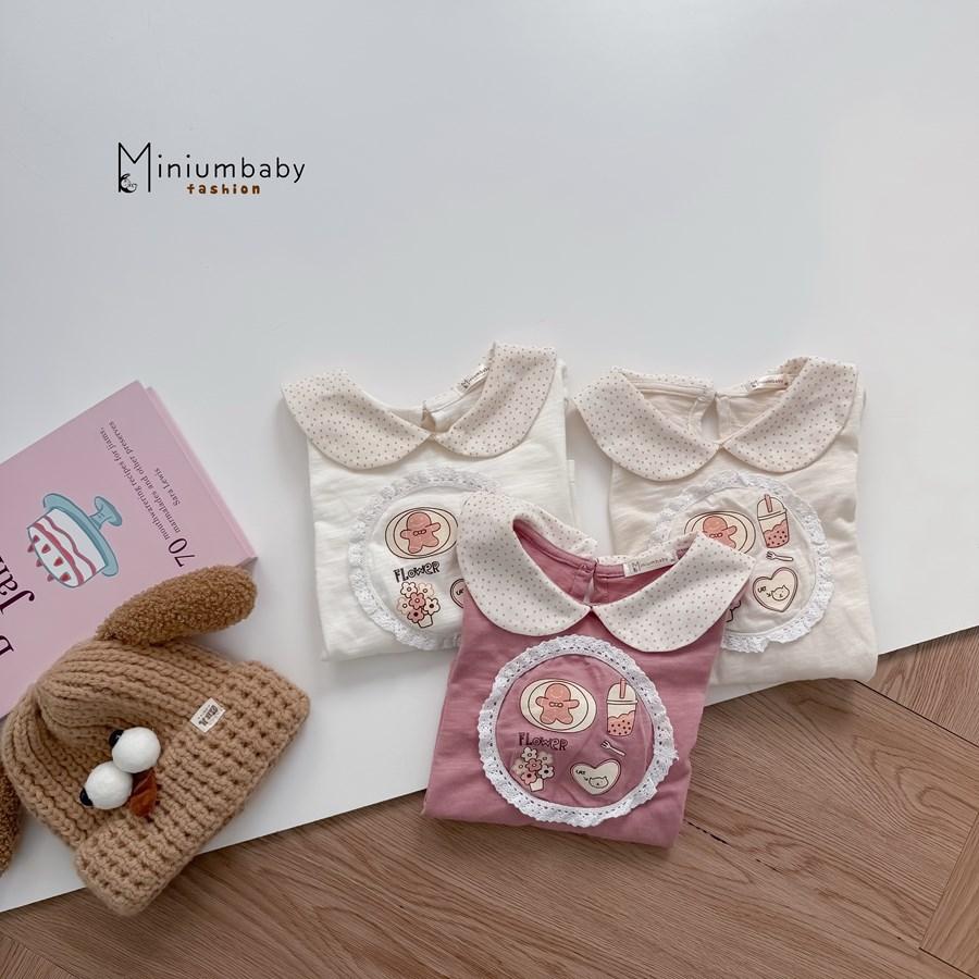 SB2412- bộ cổ sen dài tay bé gái bo tay, ren tròn quanh hình in gấu, hoa, tim, trà sữa