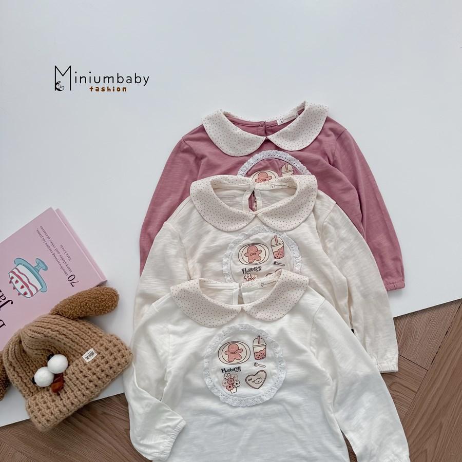 SB2412- bộ cổ sen dài tay bé gái bo tay, ren tròn quanh hình in gấu, hoa, tim, trà sữa