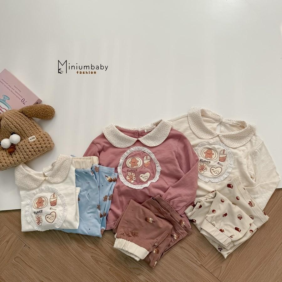 SB2412- bộ cổ sen dài tay bé gái bo tay, ren tròn quanh hình in gấu, hoa, tim, trà sữa