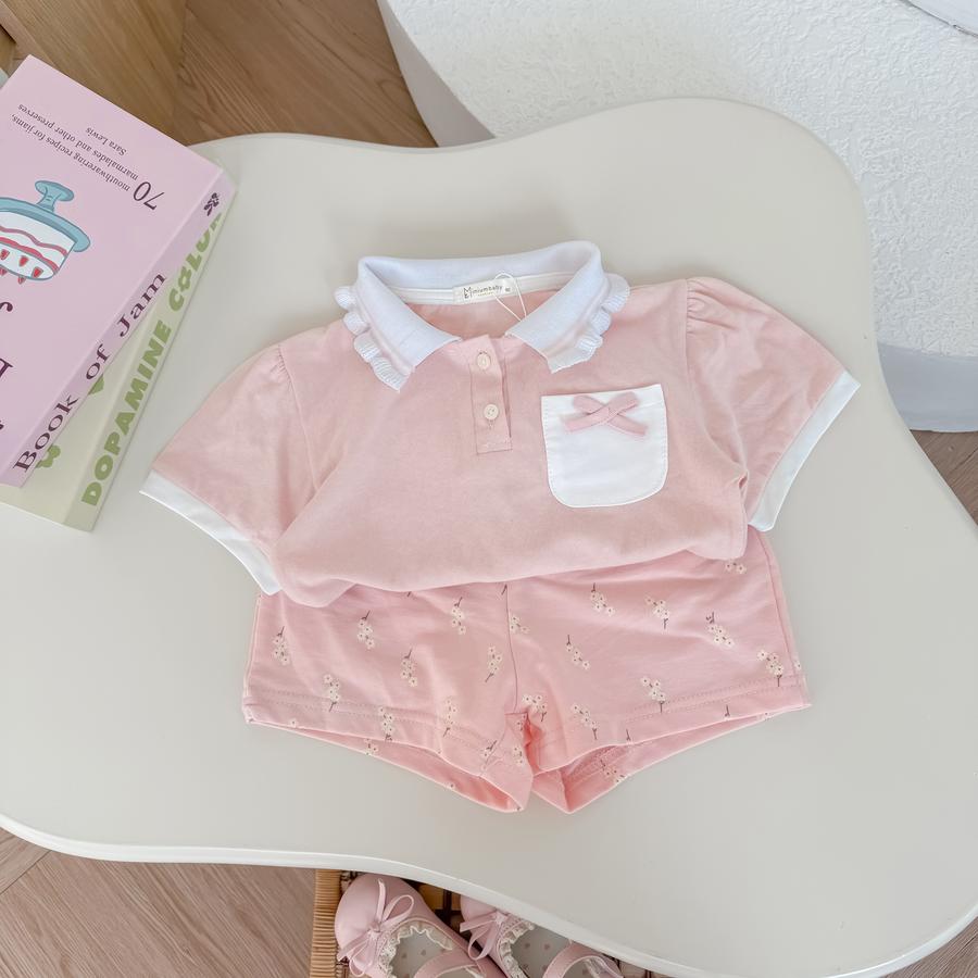 SB2304-bộ cộc cổ bèo túi ngực đính nơ hồng nhạt