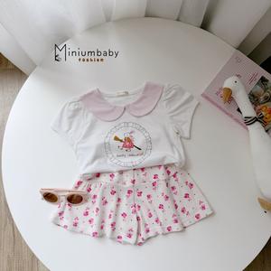 Bộ cộc quần váy bé gái có cổ  in hình