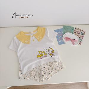Bộ cộc quần đùi bé gái có cổ in hình