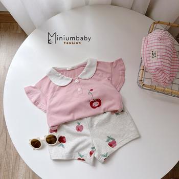 Bộ cộc quần đùi bé gái có cổ in hình