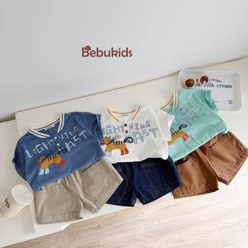 Bộ cộc quần đùi bé trai không cổ in hình