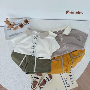 Bộ cộc quần đùi bé trai cổ dệt in hình