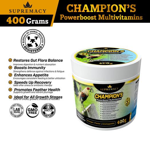 Product image - 400 grams Supremacy Champion’s PowerBoost Multivitamins  Stronger • Faster • Unstoppable / Premium Nutrition for Peak Performance Gamefowl