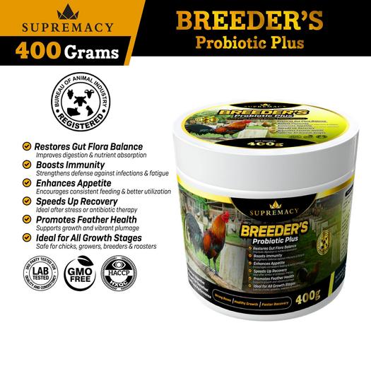 Product image - 400 GRAMS Supremacy Breeders Probiotics Plus  Strong Bones • Healthy Growth • Faster Recovery Premium Digestive Support for Gamefowl Health & Performance