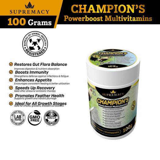 Product image - 100 grams Supremacy Champion’s PowerBoost Multivitamins  Stronger • Faster • Unstoppable / Premium Nutrition for Peak Performance Gamefowl