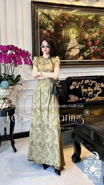 Product image - DB62-Áo dài cổ tròn đính hoa, tay ngắn tầng+Quần váy nâu