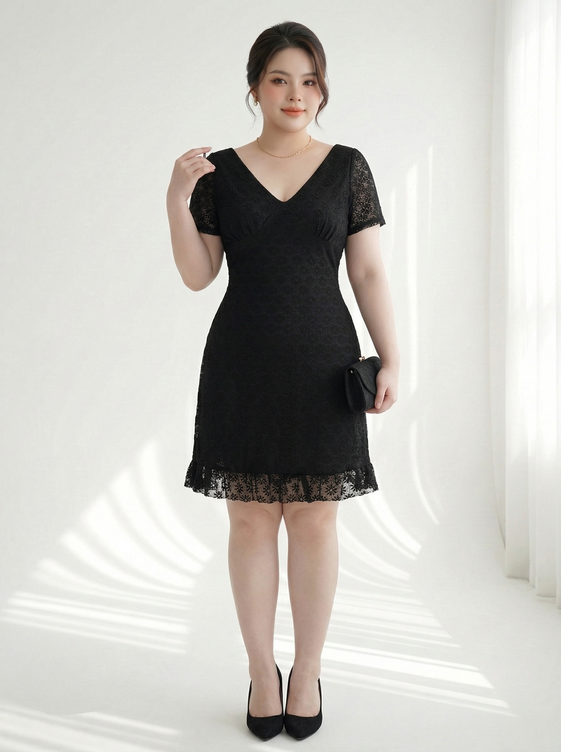 Đầm Ren Dáng A Bigsize Cổ V Tôn Eo Lót Thun Co Giãn - Đen - Vừa 55–95kg - V-DA211_thumbnail_9
