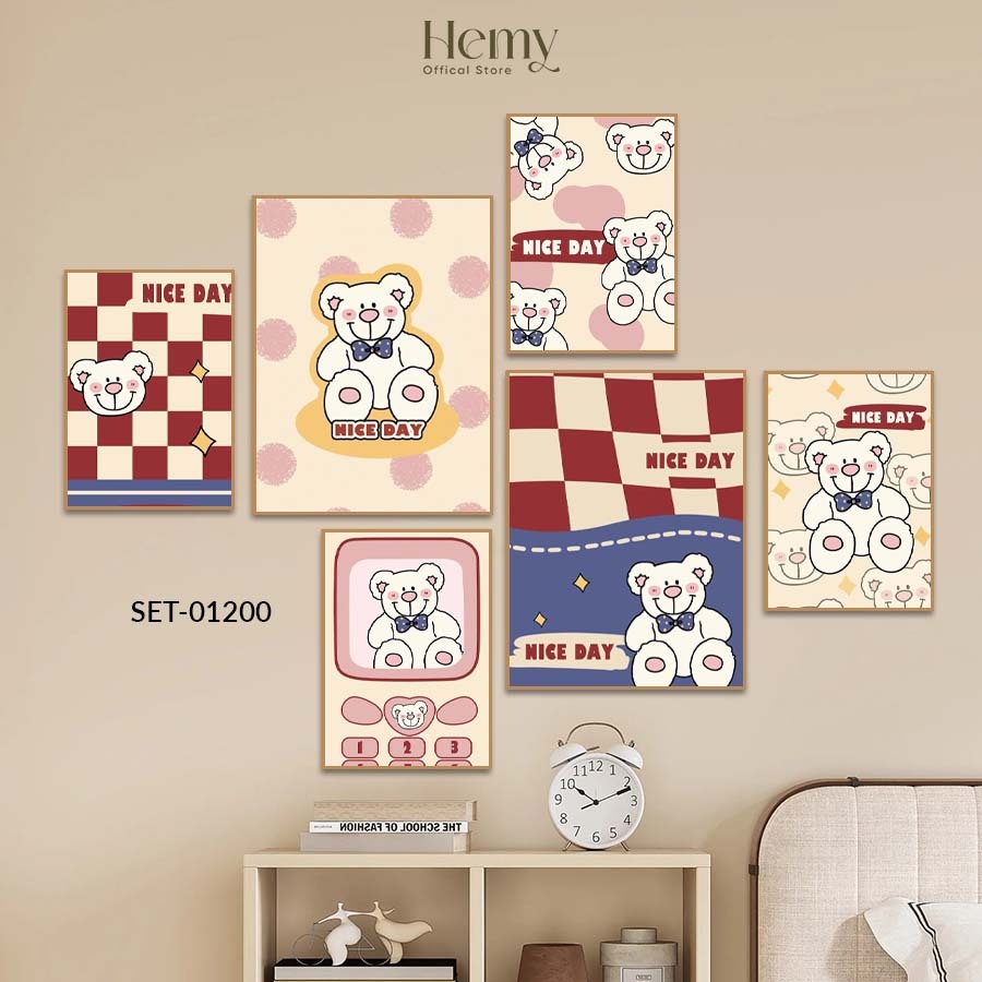 Set 6 Tranh Dán Tường Hình Gấu , Đáng Yêu Trang Trí Phòng Bé, Phòng Ngủ, Góc Học Tập, Quán Cafe – HeMy Decor